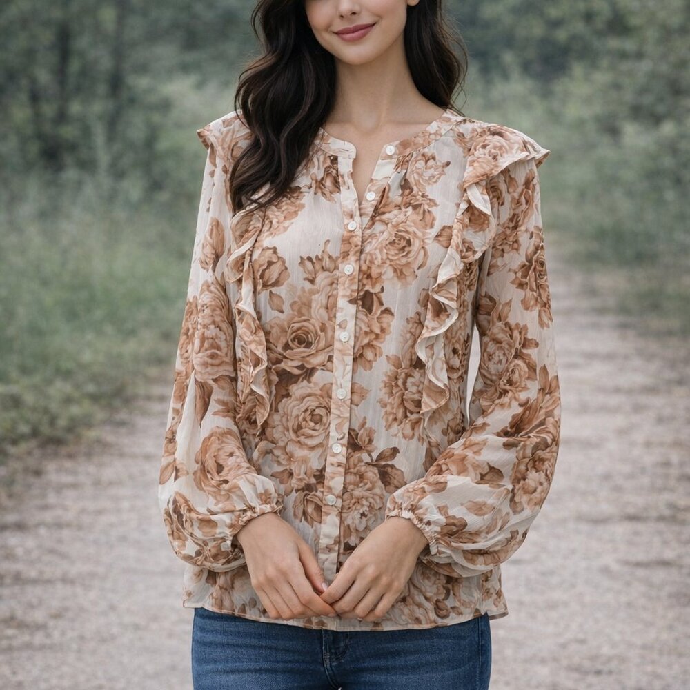 Express Blouse/Top M Peach Floral Ruffle Romantic Cottagecore Artsy Soft Sheer